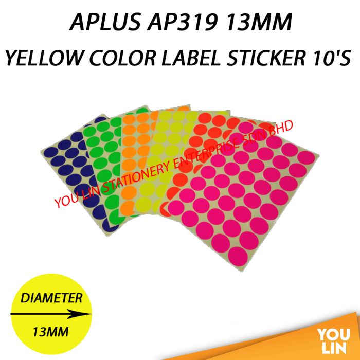 APLUS AP319 13MM Color Label Sticker 10'S - Yellow