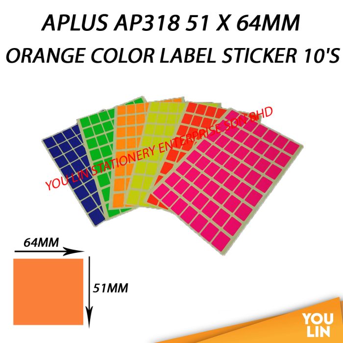 APLUS AP318 51 X 64MM Color Label Sticker 10'S - Orange